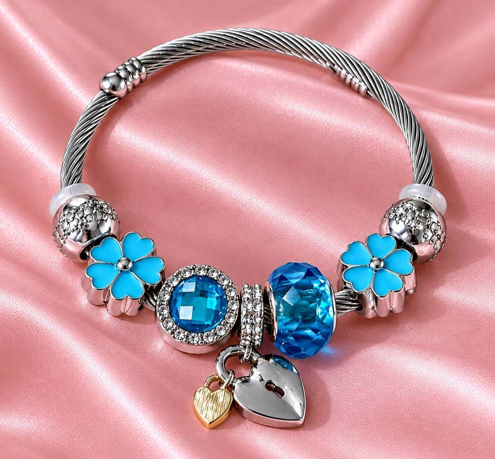 Blue Flower Crystal Heart Charm Bracelet Silver Bangle